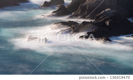 A spectacular view from Cape Aiai: White waves crashing on the winter sea A spectacular view from Cape Aiai: White waves crashing on the winter sea 136919470
