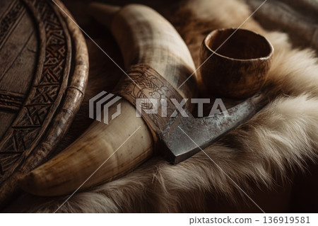 Traditional Viking axe and horn arranged on fur, showcasing Norse craftsmanship, medieval heritage, and rugged Scandinavian history in a dramatic rustic still life 136919581