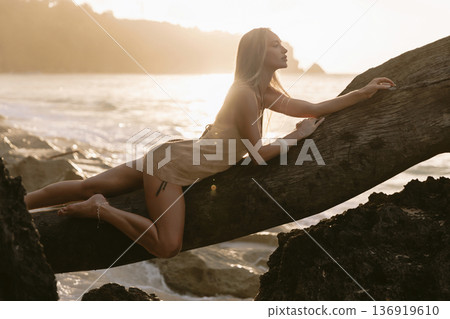 Fashionable woman in a dress posing on wooden log with sunset tones Fashionable woman in a dress posing on wooden log with sunset tones 136919610