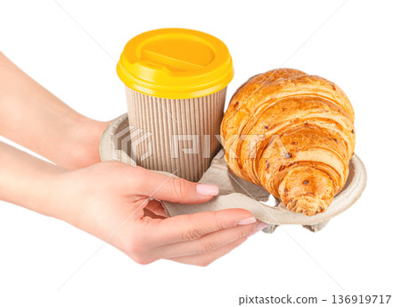 Takeaway coffee and croissant in paper holder 136919717