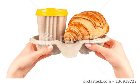 Takeaway coffee and croissant in cardboard carrier 136919722