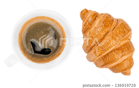 Top view black coffee with croissant isolated 136919728