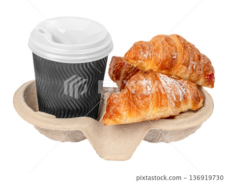 Takeaway coffee with croissants in cardboard holder isolated 136919730