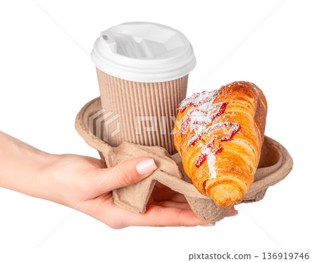 Takeaway coffee cup and croissant in eco cardboard holder isolated on white 136919746
