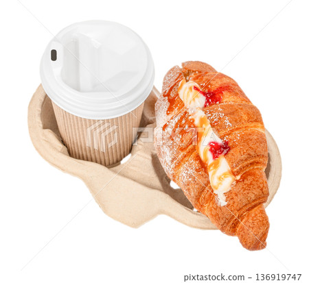 Takeaway coffee and cream filled croissant in carrier 136919747
