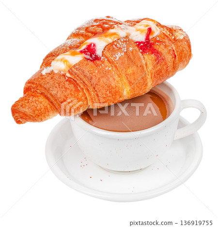 Croissant with cream and berry topping over cappuccino cup Croissant with cream and berry topping over cappuccino cup 136919755