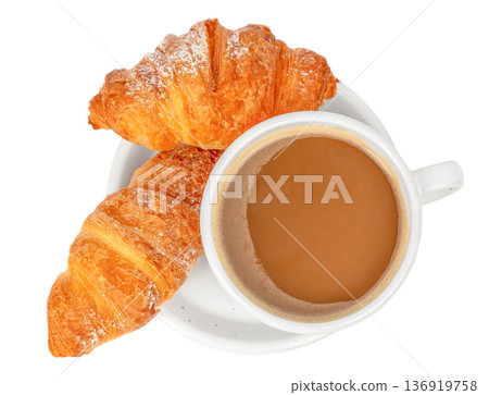 Top view coffee cup with croissants isolated on white 136919758