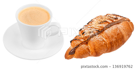Croissant with chocolate caramel topping and cup of coffee isolated on white Croissant with chocolate caramel topping and cup of coffee isolated on white 136919762