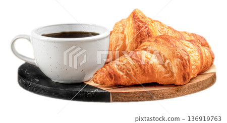 Coffee cup with croissants on wooden board isolated Coffee cup with croissants on wooden board isolated 136919763
