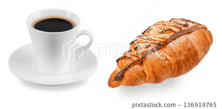 Black coffee with chocolate croissant isolated on white 136919765