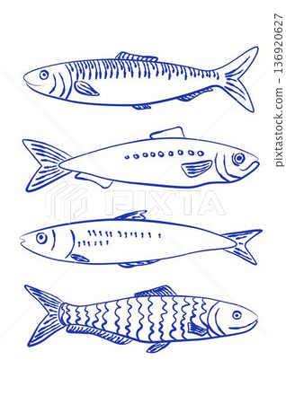 Collection of hand drawn sardine fish illustration in blue. Stylized set perfect for seafood packaging, retro labels, restaurant menus and nautical-themed designs 136920627