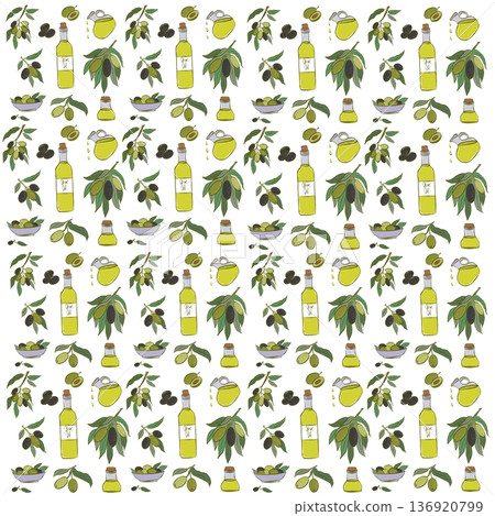 Italian style pattern of olives and olive oil. Italian style pattern of olives and olive oil. 136920799