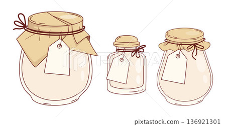 Blank Glass Jars Set with Craft Paper Lids and Empty Tags. Isolated Elements for Homemade Jam Packaging Mockup on White. Vector Illustration 136921301