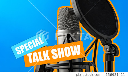 Special podcast talk show with a microphone and pop filter on a blue background 136921411