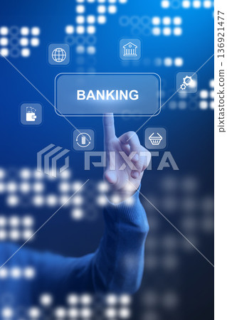 User interacts with digital banking tools on a touchscreen interface for invoice payment 136921477