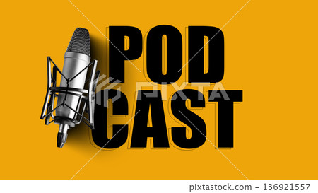 Podcast episode with microphone setup and bold text on a yellow background Podcast episode with microphone setup and bold text on a yellow background 136921557