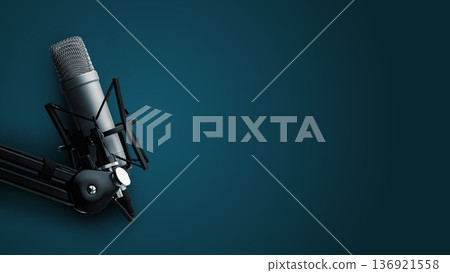 Podcast recording studio with microphone and equipment set up for live session 136921558