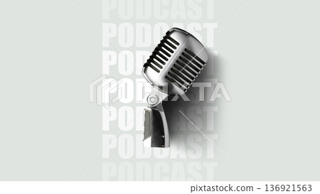 Classic microphone stands in front of repeated podcast text on a light background 136921563