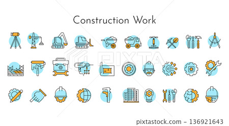 Building line icons set. Color symbols in simple style. Industry construction symbol for app design. Vector cartoon illustration 136921643