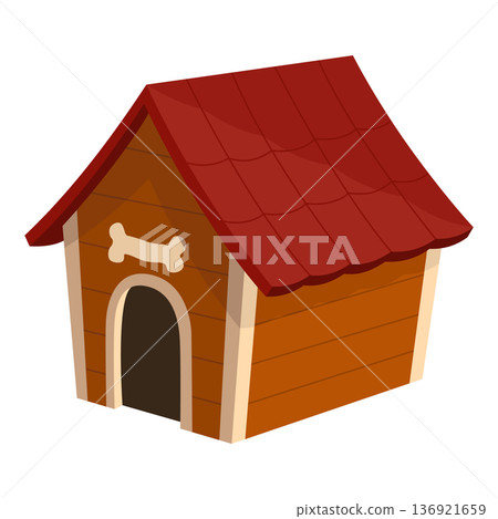 Dog house icon. Cartoon pet accessory. Petshop supermarket item. Empty pet home with roof. House for domestic animal. Isolated flat vector illustration Dog house icon. Cartoon pet accessory. Petshop supermarket item. Empty pet home with roof. House for domestic animal. Isolated flat vector illustration 136921659