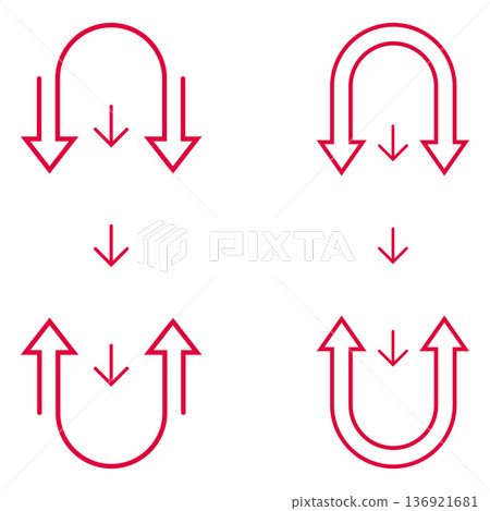 Four red arrows forming U-shapes and simple directional arrows, indicating movement and turns 136921681