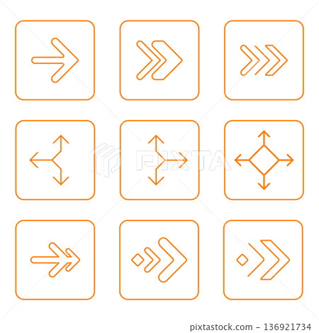 Orange Arrow Icons Set within Squares: Direction, Movement, and UI Design Elements Orange Arrow Icons Set within Squares: Direction, Movement, and UI Design Elements 136921734