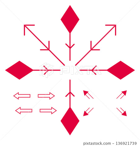 Red Snowflake-like Arrow Symbol with Expanding Directions and Navigation Icons Red Snowflake-like Arrow Symbol with Expanding Directions and Navigation Icons 136921739