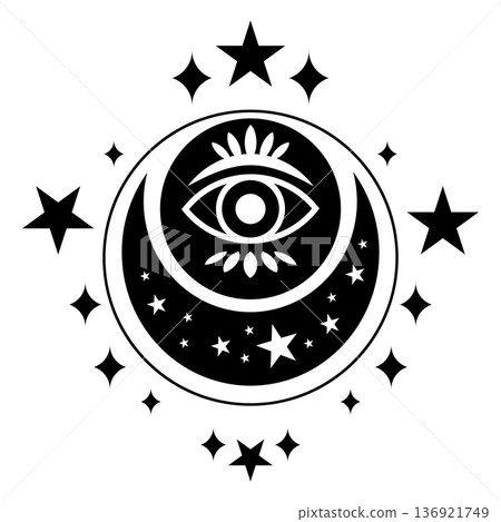 All-seeing eye in crescent moon with magic stars. Mystical celestial occult symbol for esoteric design. All-seeing eye in crescent moon with magic stars. Mystical celestial occult symbol for esoteric design. 136921749