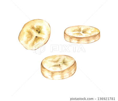 A set with different pieces of peeled banana on an isolated background. Watercolor illustration. Realistic clipart of ripe fruit pieces for decorating baby food, pastries, and healthy food. 136921781