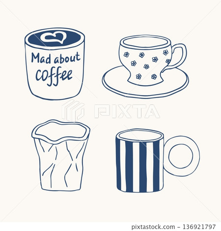 Trendy shapes of coffee mugs and cups. Hand drawn doodle coffee and tea drinks. Aesthetic and minimalistic style for modern design 136921797