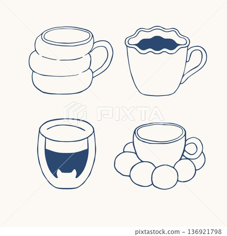 Coffee mugs and cups in various trendy fantasy shapes. Hand drawn doodle coffee and tea drinks. Aesthetic and minimalistic style for packaging, menu, social media 136921798