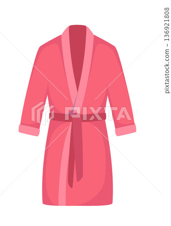 Bathrobe hooded with wrap opening, oversized, tie, pocket, sleeves. Front view. Women men unisex. Vector illustration. 136921808
