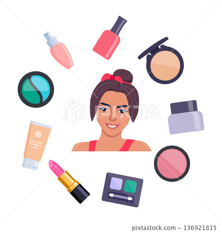 Decorative cosmetics, beautiful round composition. Everything for make up around the woman. Eye shadow, mascara, nail Polish, foundation, brush, lipstick, cream cosmetic pencil. Vector illustration. 136921815