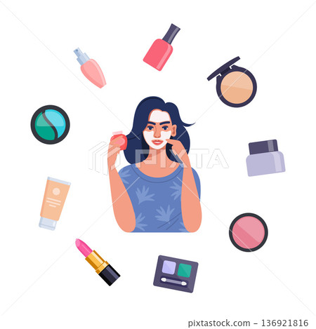 Decorative cosmetics, beautiful round composition. Everything for make up around the woman. Eye shadow, mascara, nail Polish, foundation, brush, lipstick, cream cosmetic pencil. Vector illustration. Decorative cosmetics, beautiful round composition. Everything for make up around the woman. Eye shadow, mascara, nail Polish, foundation, brush, lipstick, cream cosmetic pencil. Vector illustration. 136921816