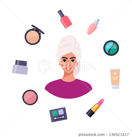 Decorative cosmetics, beautiful round composition. Everything for make up around the woman. Eye shadow, mascara, nail Polish, foundation, brush, lipstick, cream cosmetic pencil. Vector illustration. Decorative cosmetics, beautiful round composition. Everything for make up around the woman. Eye shadow, mascara, nail Polish, foundation, brush, lipstick, cream cosmetic pencil. Vector illustration. 136921817