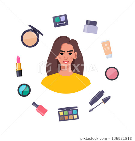 Decorative cosmetics, beautiful round composition. Everything for make up around the woman. Eye shadow, mascara, nail Polish, foundation, brush, lipstick, cream cosmetic pencil. Vector illustration. Decorative cosmetics, beautiful round composition. Everything for make up around the woman. Eye shadow, mascara, nail Polish, foundation, brush, lipstick, cream cosmetic pencil. Vector illustration. 136921818