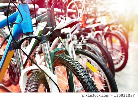 Bicycles in sports shop Bicycles in sports shop 136921857