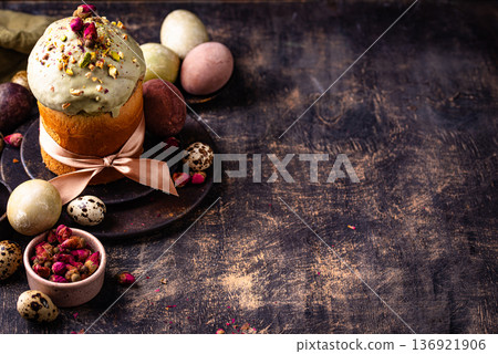 Traditional Easter cake kulich with pistachio Traditional Easter cake kulich with pistachio 136921906