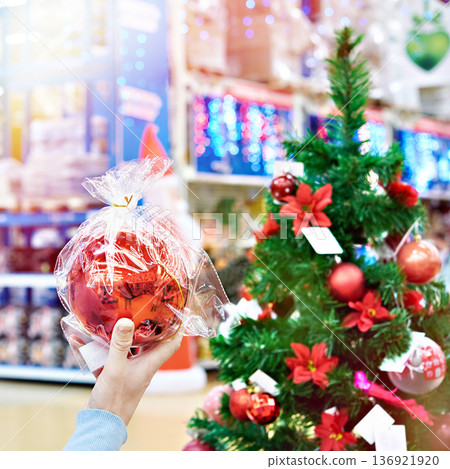 Hand with red ball Christmas tree Hand with red ball Christmas tree 136921920