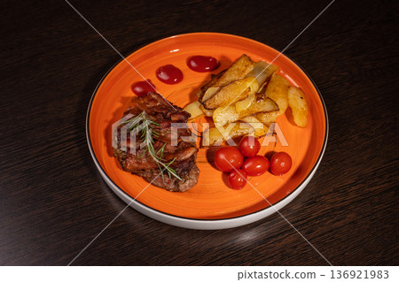 Steak with fried potatoes and tomatoes on a plate Steak with fried potatoes and tomatoes on a plate 136921983