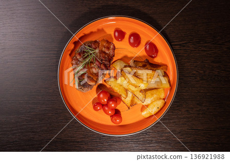 Steak with fried potatoes and tomatoes on a plate Steak with fried potatoes and tomatoes on a plate 136921988