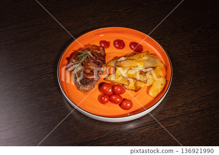 Steak with fried potatoes and tomatoes on a plate Steak with fried potatoes and tomatoes on a plate 136921990