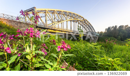 View on the steel arch bridge across the Msta river in summer in sunset light. Built in 1905. Borovichi, Russia View on the steel arch bridge across the Msta river in summer in sunset light. Built in 1905. Borovichi, Russia 136922089