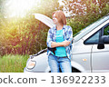 Woman waits help near broken car 136922233