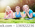 Children reading book on grass 136922236