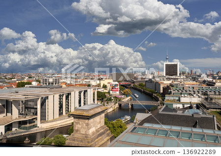 Berlin, germany, august 15, 2023. Panoramic view of berlin city from above, featuring the spree river, urban architecture, and the iconic tv tower under a cloudy sky 136922289