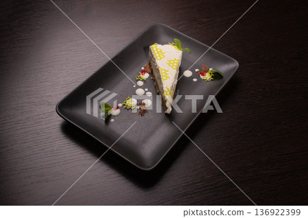 A slice of cottage cheese pie on a plate with 136922399