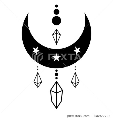 Celestial crescent moon with hanging magic crystals. Mystical talisman symbol for esoteric design 136922702