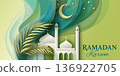 Ramadan Kareem Poster with Mosque Silhouette, Palm leaf and Green Islamic Background 136922705