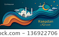Ramadan Kareem design banner with mosque in paper cut art style. 136922706